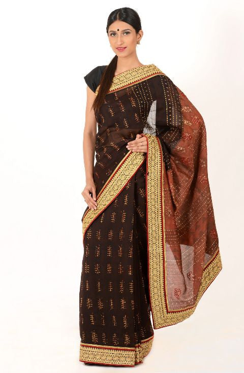 Rust Chanderi Block Printed Saree with Ghicha Border