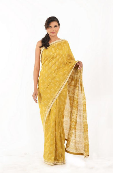 Yellow Block Printed Saree with Delicate Pearl Border