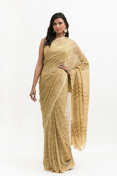 Yellow Chiffon Block Printed Saree