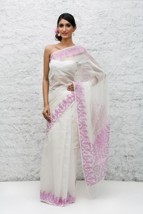 White Pink Net Bengali Saree