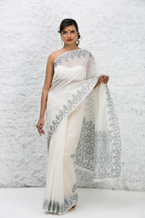 White Grey Net Bengali Saree