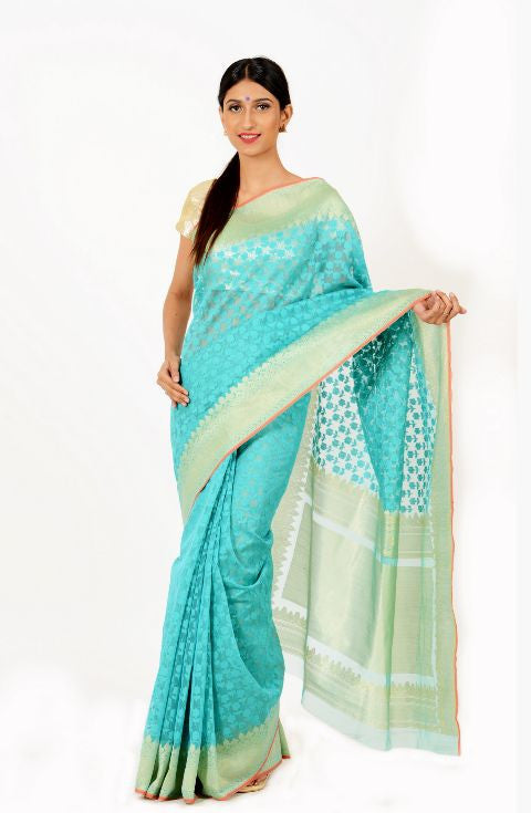 Turquoise Banarasi Net Saree