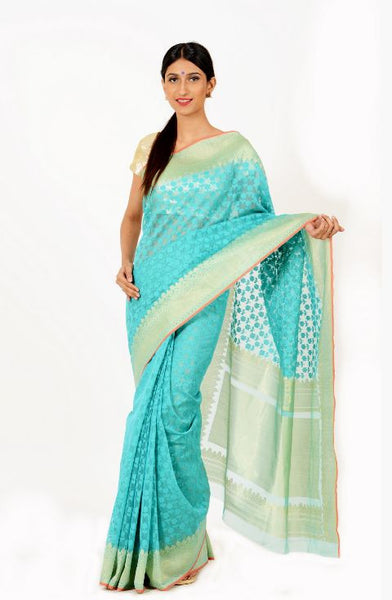 Turquoise Banarasi Net Saree