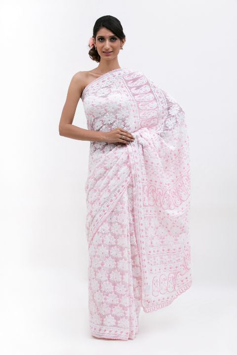 White Pink Semi Georgette Chikankari Saree – Keep Attempting :)