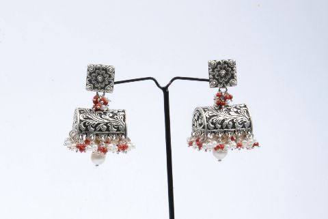 Silver Jhumkis with Red & White Beads Fringe
