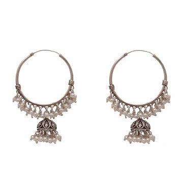 Silver Bali Jhumkis with White Moti Jhallar