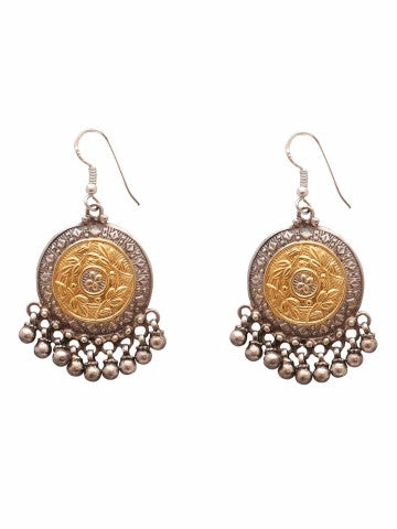 Silver Hanging Circular Earrings with Intricate Carving