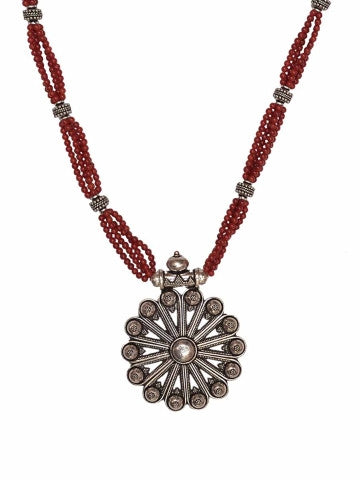 Silver Circular Pendant with Red Beaded String