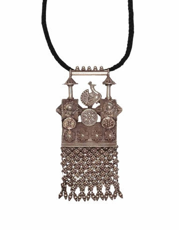 Rectangular Pendant in Silver with Peacock Detail