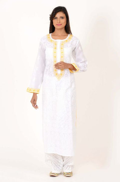 White Chikankari Kurta with Yellow Highlights