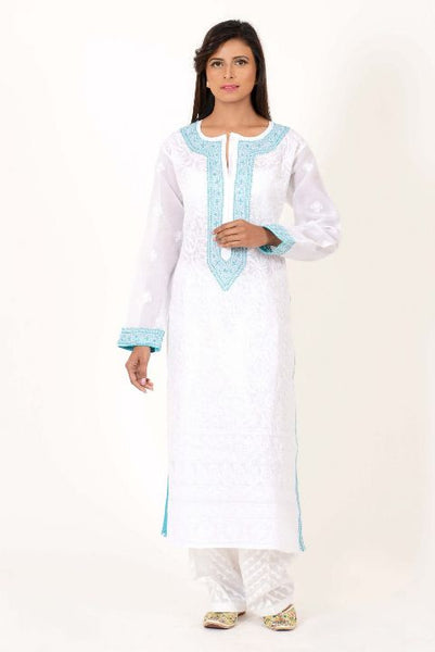 White Chikankari Kurta with Turquoise Highlights
