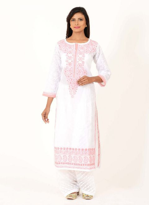 White Chikankari Kurta with Pink Highlights