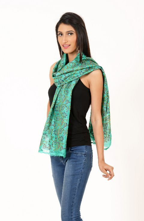 Sea Green Kantha Silk Stole