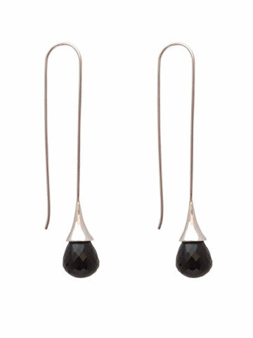 Silver Dense Black Stone Teardrop Earrings