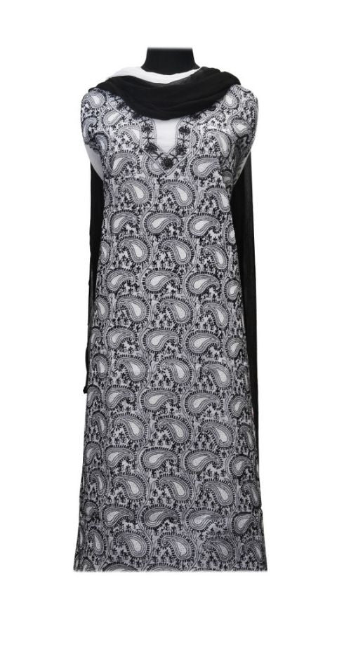 White Black Chikankari Cotton Dress Fabric