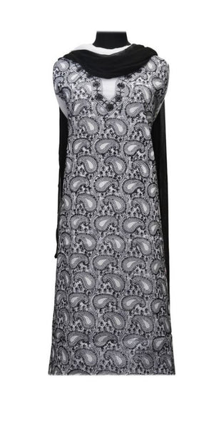 White Black Chikankari Cotton Dress Fabric