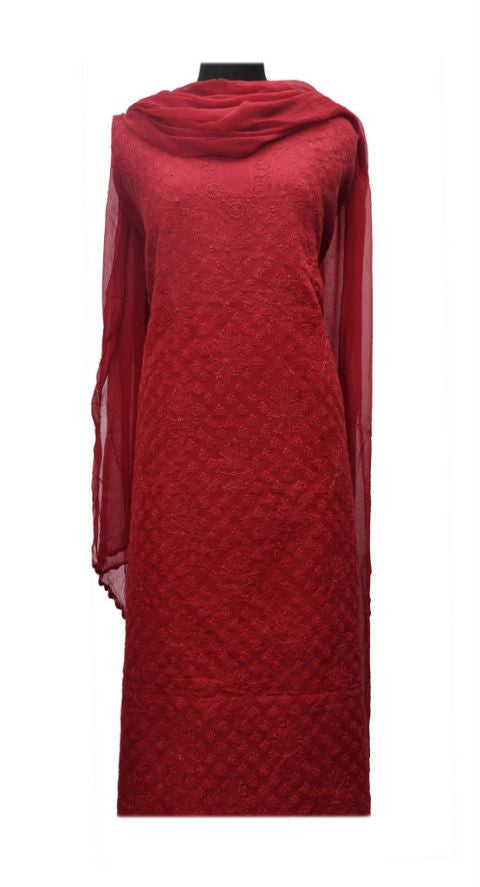 Red Chikankari Cotton Dress Fabric
