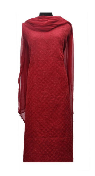 Red Chikankari Cotton Dress Fabric