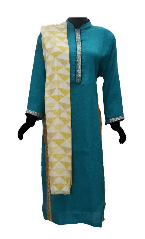 Teal Blue Linen Semi Stitched Kurta Set