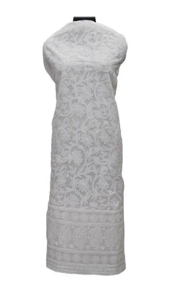White Cotton Net Chikankari Kurta Fabric