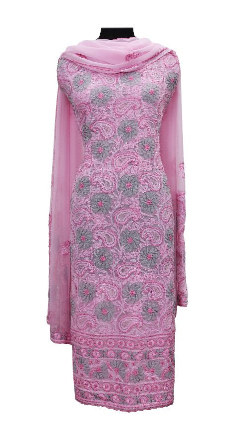 Pink Chikankari Semi Georgette Dress Fabric