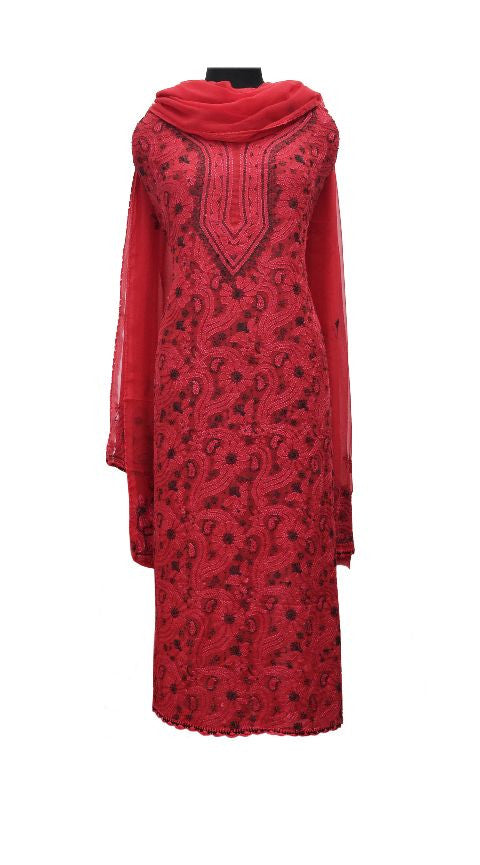 Red Chikankari Semi Georgette Dress Fabric