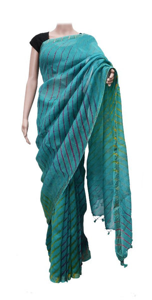 Turquoise Blue Lehariya Chanderi Saree