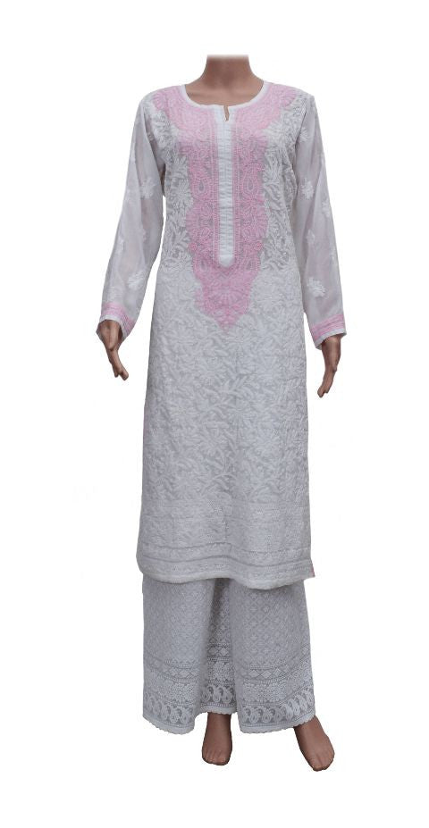 White-Pink Cotton Chikankari Kurta