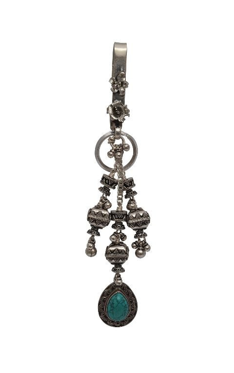 Silver Cutwork Satka Beads Side Latkan with Single Turquoise Stone