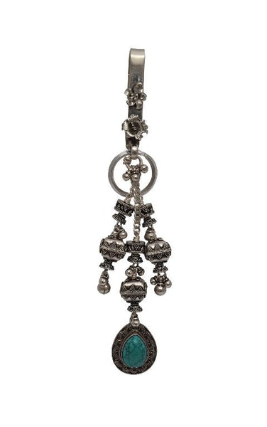 Silver Cutwork Satka Beads Side Latkan with Single Turquoise Stone