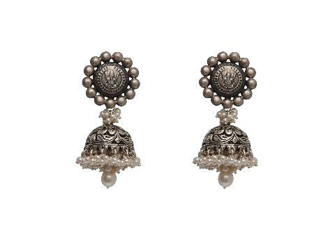 Silver Cutwork Jhumkaas With White Motis
