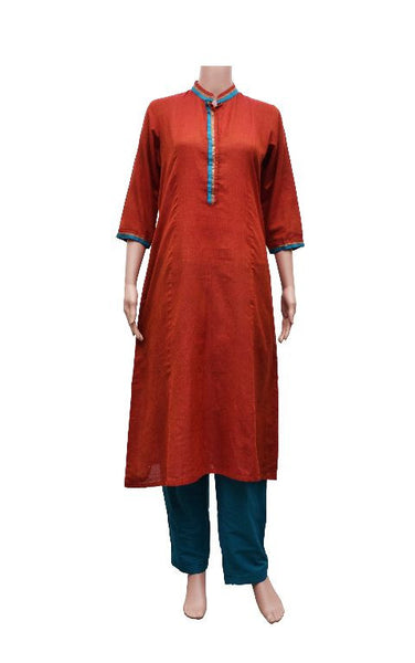Rust Plain Kurta with Blue Rust Border