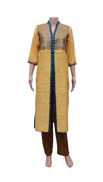 Yellow Bhagalpuri Cotton Silk Kurta with Mirror Work Yog