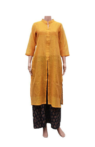 Yellow Chanderi Cotton Yellow Kurta with Orange Lines Jacket Style