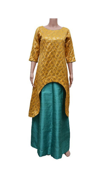 Yellow Silk Kurta with Golden Flower Print and Sea-Green Tussar Silk Skirt