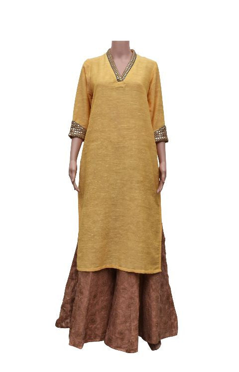 Yellow Bhagalpuri Cotton Silk Kurta with Mirror Work