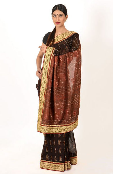 Rust Chanderi Block Printed Saree with Ghicha Border
