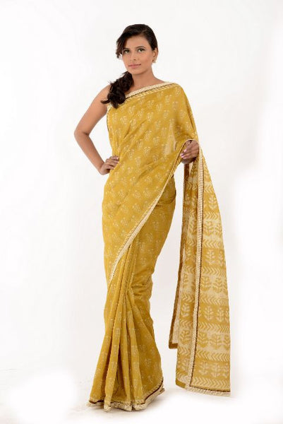 Yellow Block Printed Saree with Delicate Pearl Border
