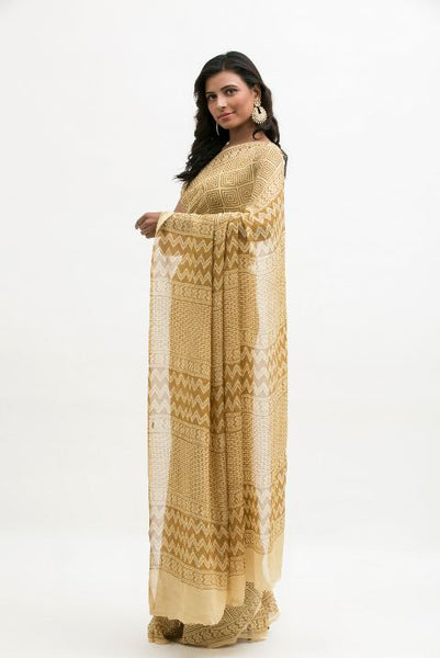 Yellow Chiffon Block Printed Saree