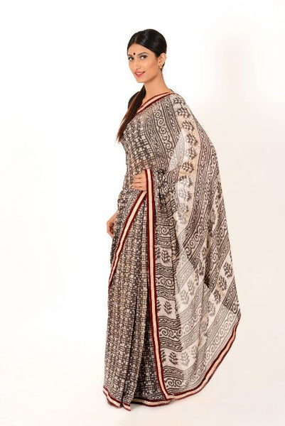 Grey Chiffon Block Printed Saree