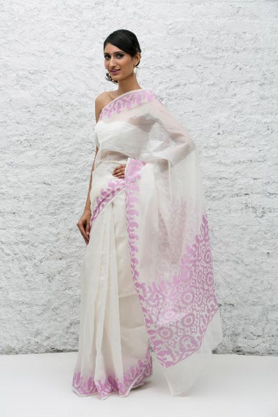 White Pink Net Bengali Saree