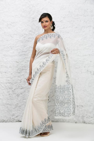 White Grey Net Bengali Saree