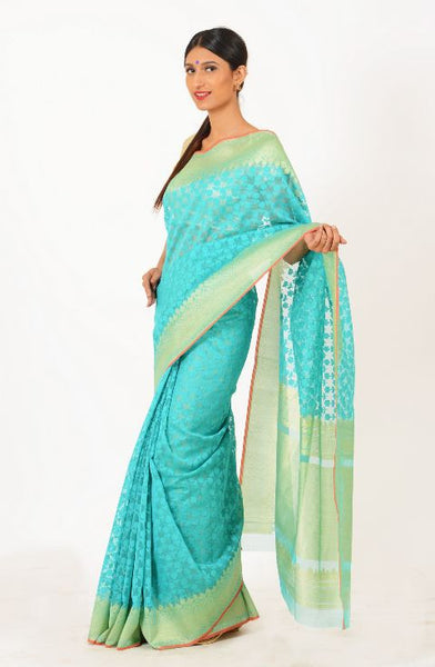 Turquoise Banarasi Net Saree