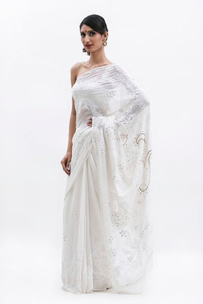 White Mukaish Work Chikankari Saree