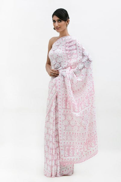 White Pink Semi Georgette Chikankari Saree