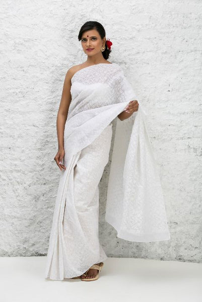 White Tepchi Work Chiknakari Saree