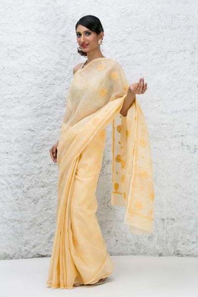 Yellow Leheria Chikankari Saree