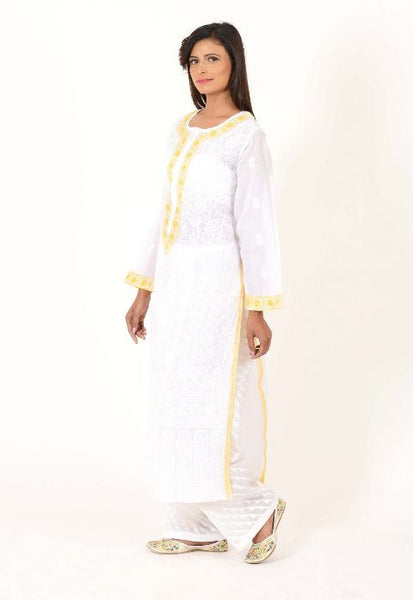 White Chikankari Kurta with Yellow Highlights