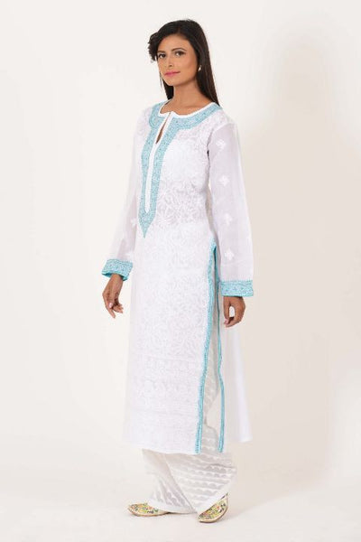 White Chikankari Kurta with Turquoise Highlights