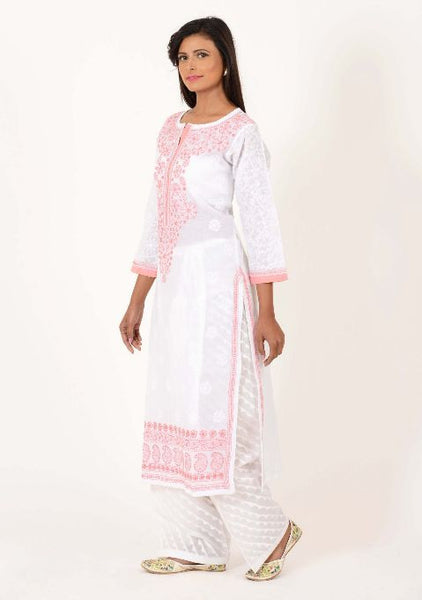 White Chikankari Kurta with Pink Highlights